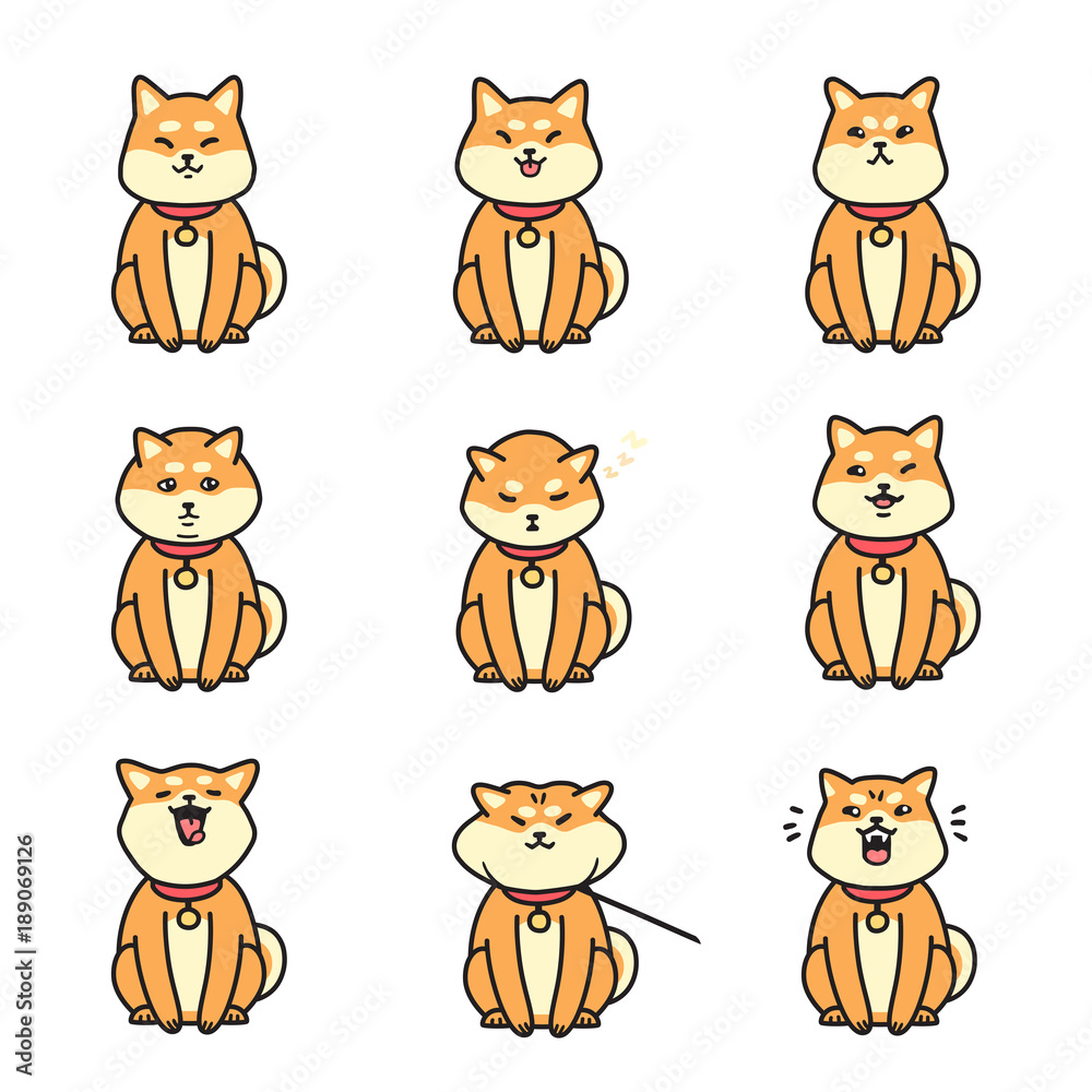 Shiba inu emotions stickers vector set.