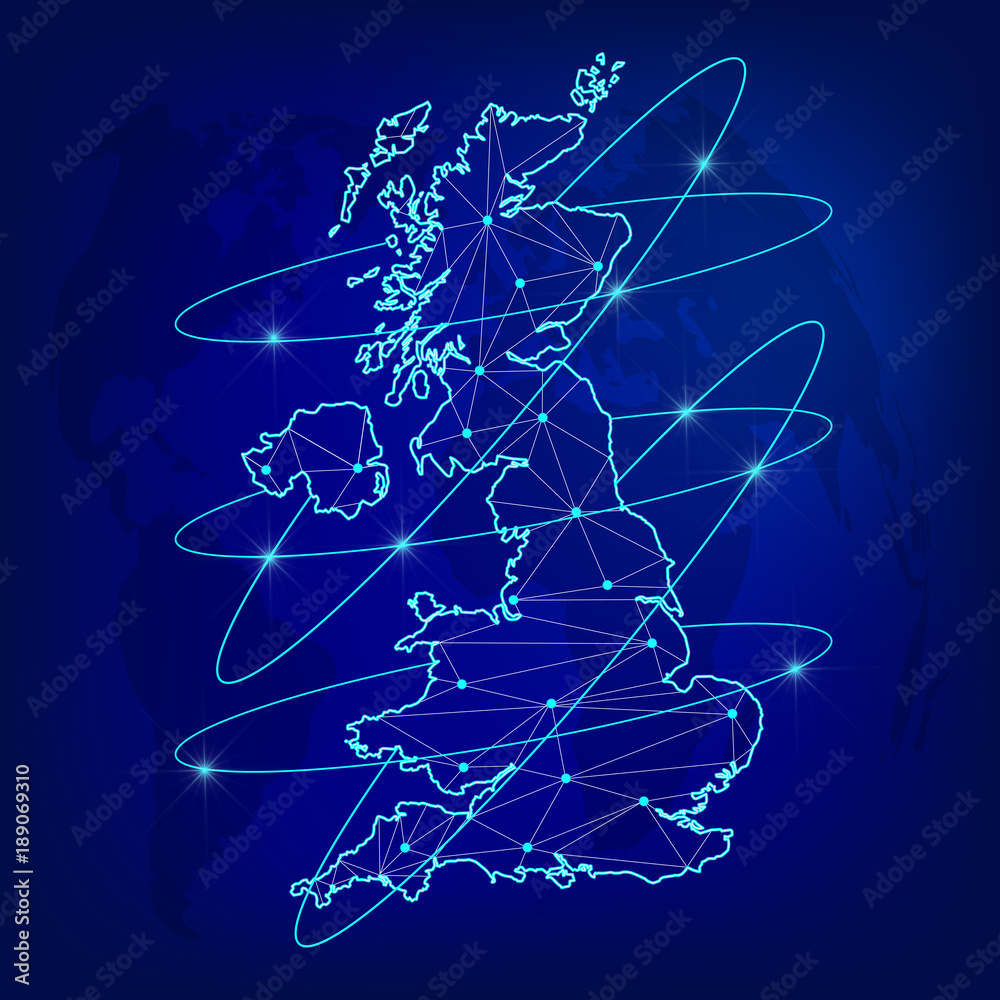 Fototapeta premium Global logistics network concept. Communications network map of the Great Britain on the world background. Great Britain map with nodes in polygonal style. Vector illustration EPS10.