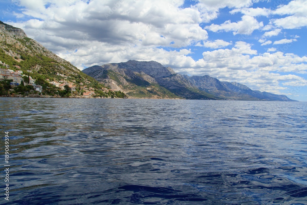 Beautiful view of the Adriatic Sea in Croatia in southern Dalmatia with Biokovo mountains 