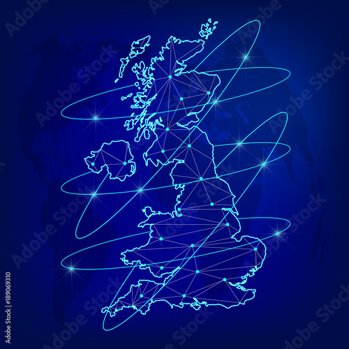 Global logistics network concept. Communications network map of the Great Britain on the world background. Great Britain map with nodes in polygonal style. Vector illustration EPS10.