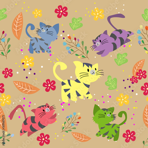 Cute Cat seamless pattern with flower on colorful background Vector illustration.Cartoon style