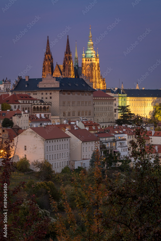Fototapeta premium Old Prague houses and St. Vitus Cathedral, view from Petrin hill in Prague, Czech Republic