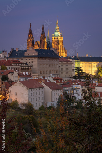 Old Prague houses and St. Vitus Cathedral, view from Petrin hill in Prague, Czech Republic