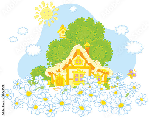 Small lodge with a thatched roof under a green tree on a field of white daisies