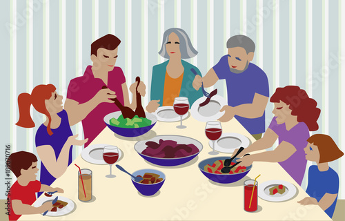 Vector Illustration from big family celebrating. Grandparents, parents and children at table eating and speaking.