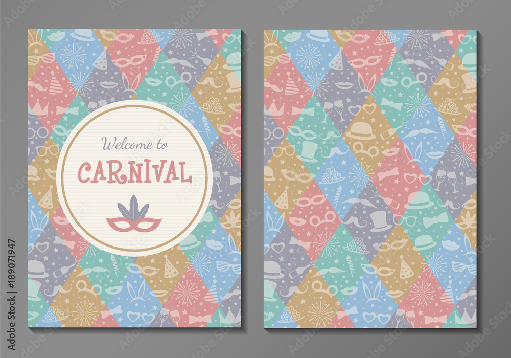 Carnival Party - concept of card with funny costumes. Two sided invitation. Vector.