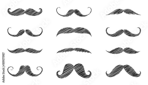 Big set with different hand drawn moustaches. Vector.
