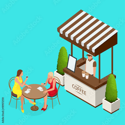 Street cafe concept. Couple in a street cafe. Isometric vector illustration