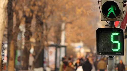 Wallpaper Mural Traffic Light with green seconds and person sign on a background of anonymous walking people in city on a sunny autumn day. Torontodigital.ca