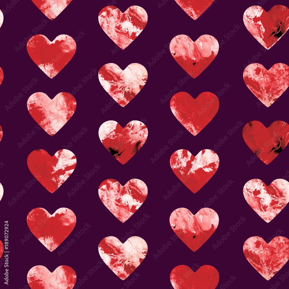Hearts abstract grunge red marble texture watercolor seamless pattern design on dark purple background Hearts abstract grunge red marble texture watercolor seamless pattern design on dark purple background