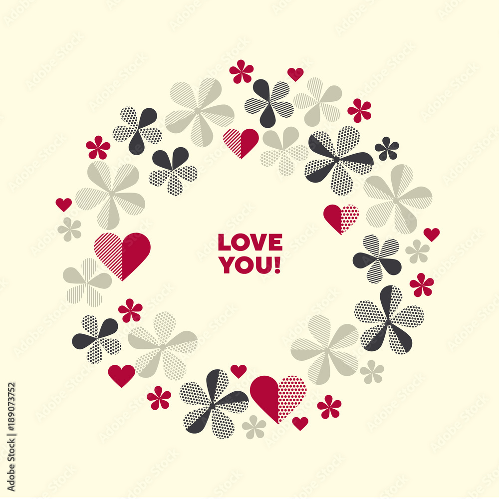 Decorative geometric flower and hearts vector illustration in retro colors. red and gray vintage palette pattern.