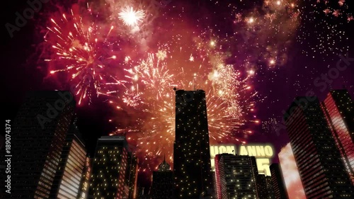 Seamless looping 3d animated skyline with fireworks in the sky and the 3d text „Buon Anno (happy new year in Italian) 2025” in 4K resolution