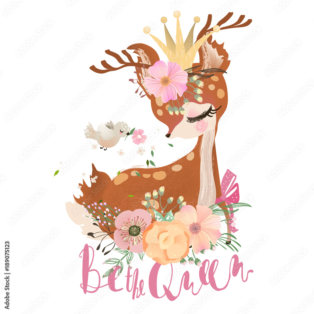Obraz premium Cute, romantic, dreaming baby princess, deer, fawn with floral wreath, crown, bird and flowers bouquet