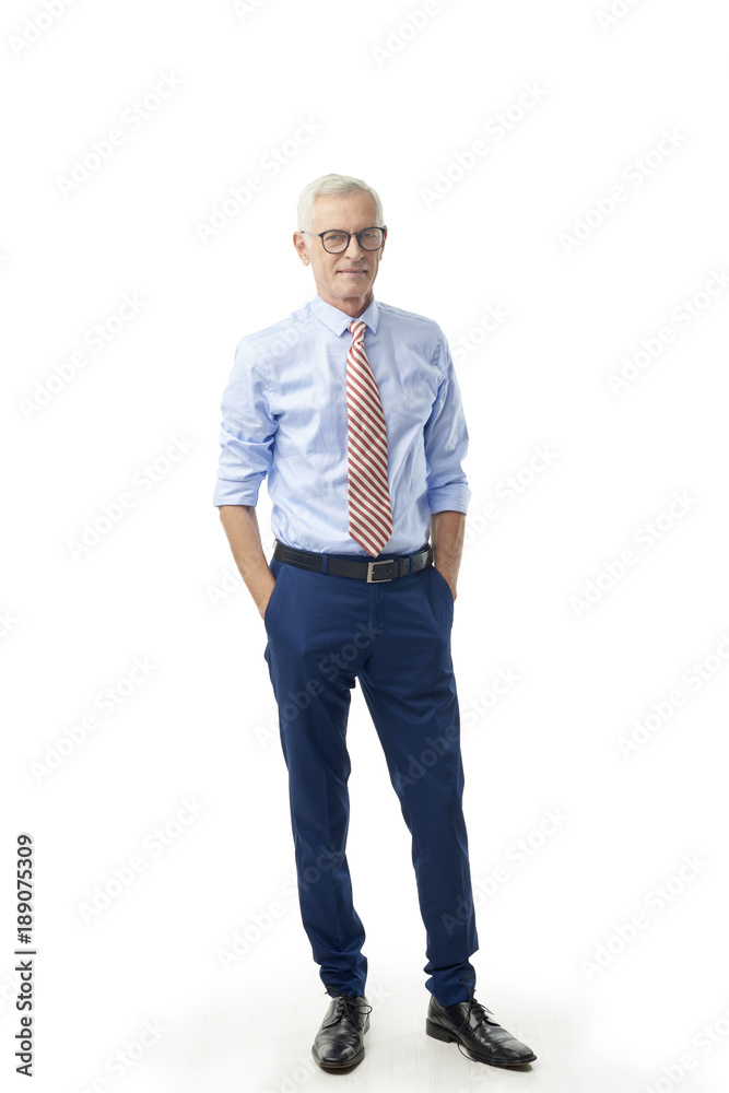 Successful senior lawyer. Full length portrait of happy senior businessman standing with arms crossed while looking at camera and smiling. Isolated white background. Successful senior lawyer. Full length portrait of happy senior businessman standing with arms crossed while looking at camera and smiling. Isolated white background.