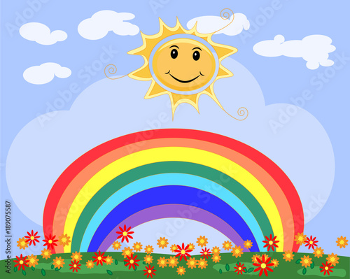 Landscape  greeting card with smiling sun  seven-colored rainbow  a clearing of flowers  a clear sky. Spring Summer