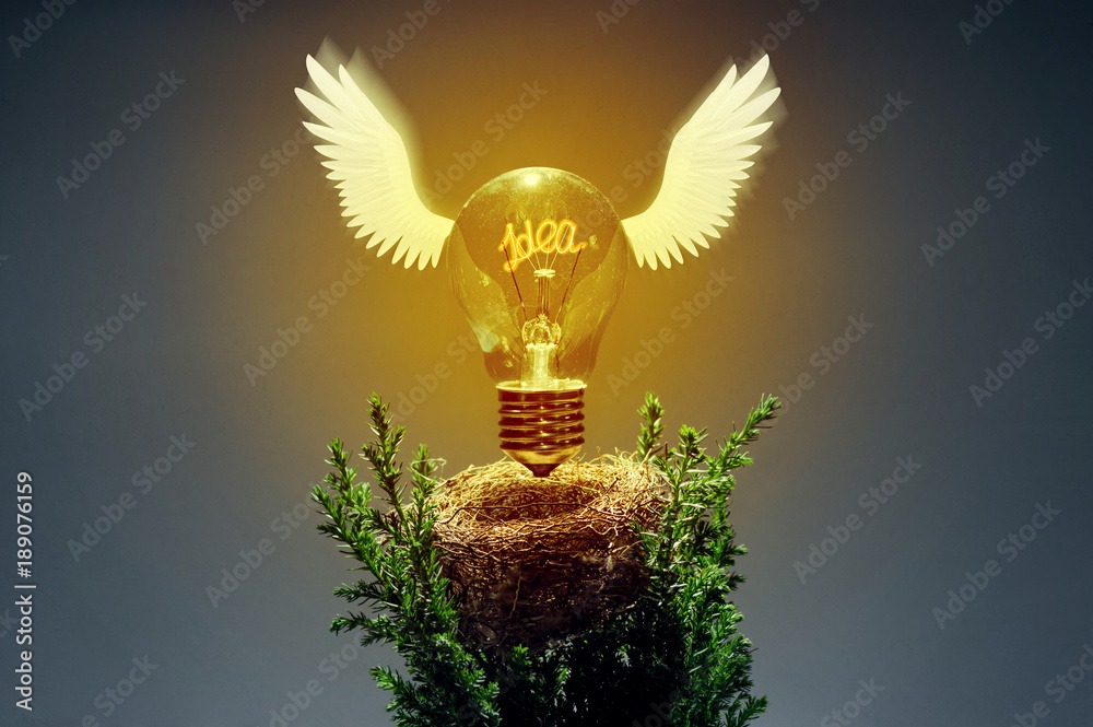 Image of an incandescent lamp taking off from its nest. The filament forms the word "idea". Concept of the new ideas, discoveries and solutions. - obrazy, fototapety, plakaty 