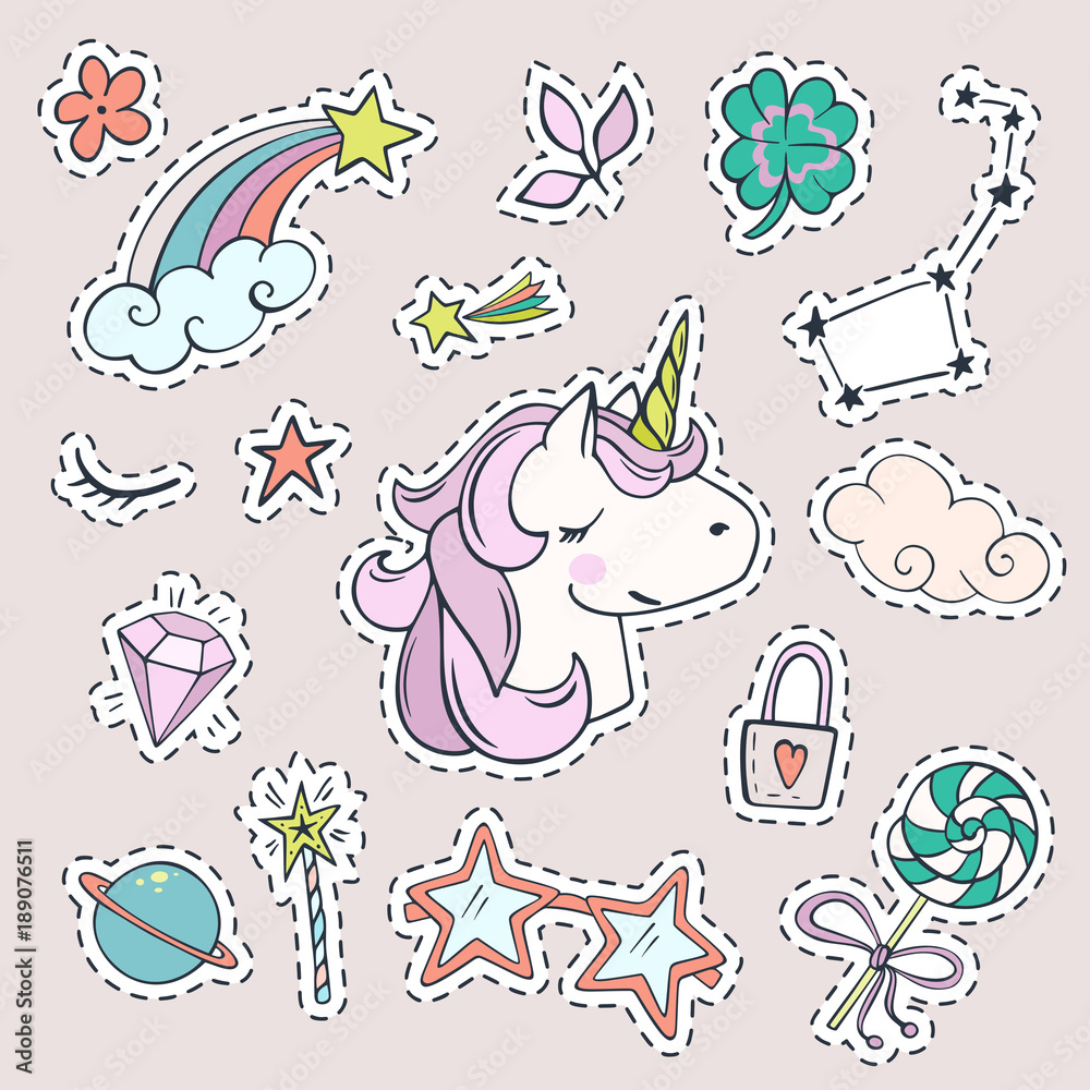 Vector set of magic stickers. Cute unicorn, Ursa Major, shooting star, magic wand, diamond and other fashion patch badges.