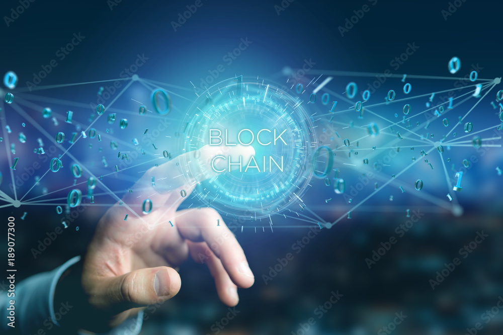Blockchain title with 0 and 1 data flying over Blockchain title with 0 and 1 data flying over