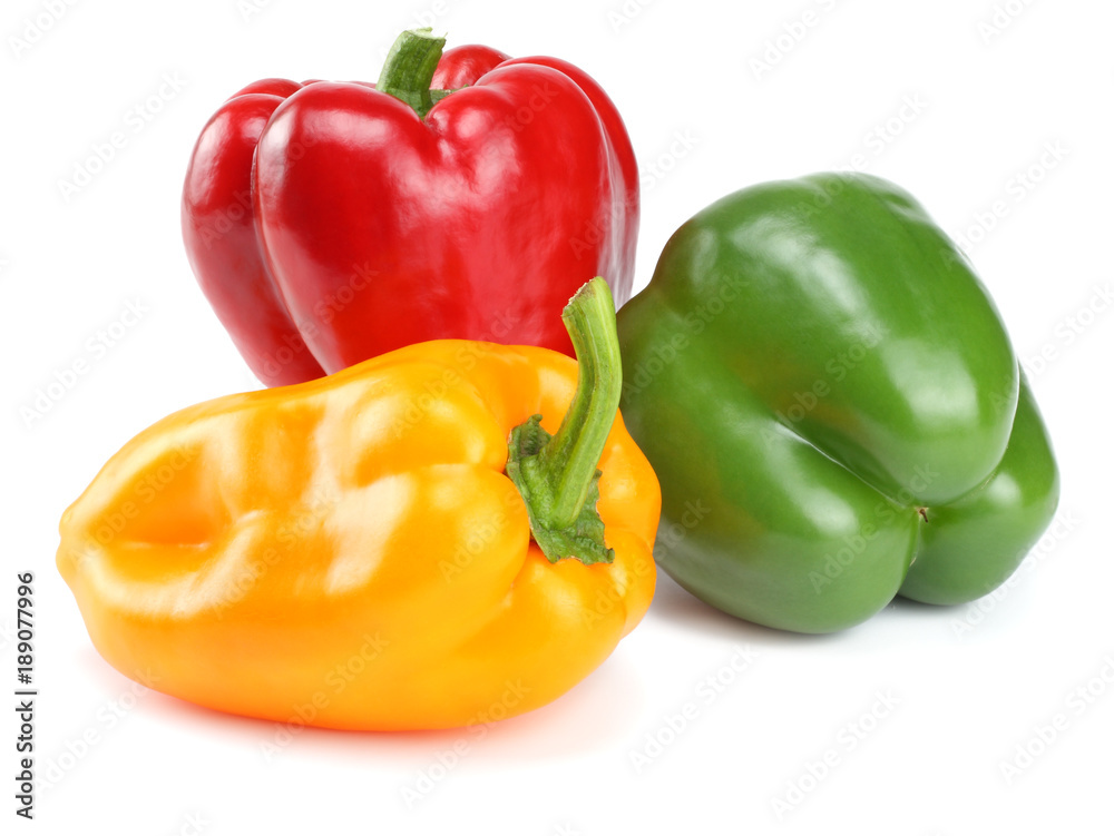 green, red, yellow sweet bell peppers isolated on white background green, red, yellow sweet bell peppers isolated on white background