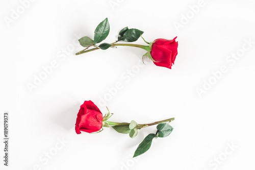 Flowers composition. Frame made of rose flowers on white background. Flat lay  top view  copy space