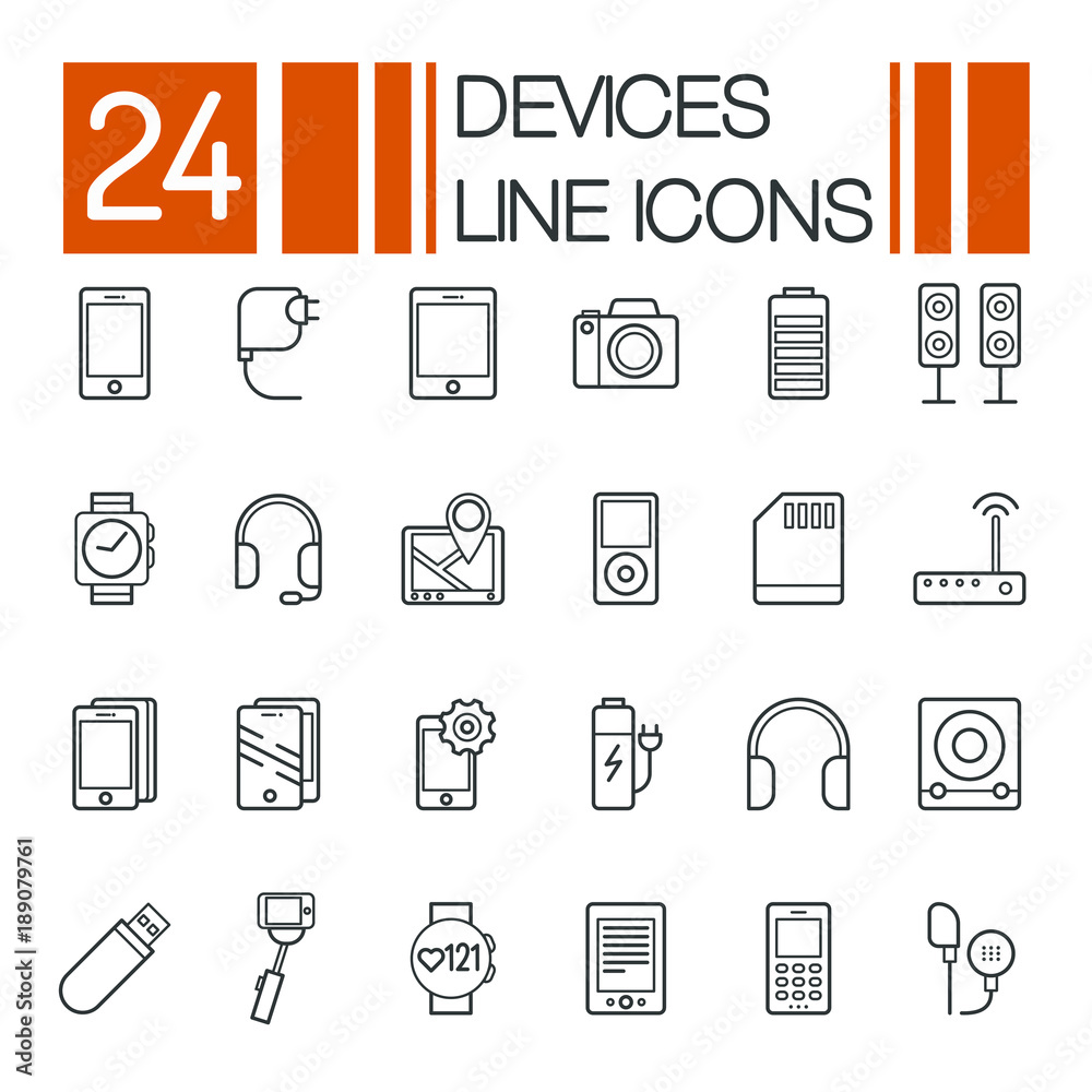Set of Electronic Devices flat thin line Icons vector