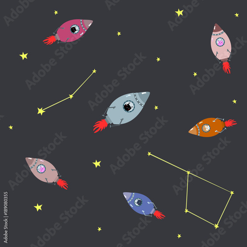 Set of Colorful space ship with cute different cats on grey background with stars doodle style vector illustration