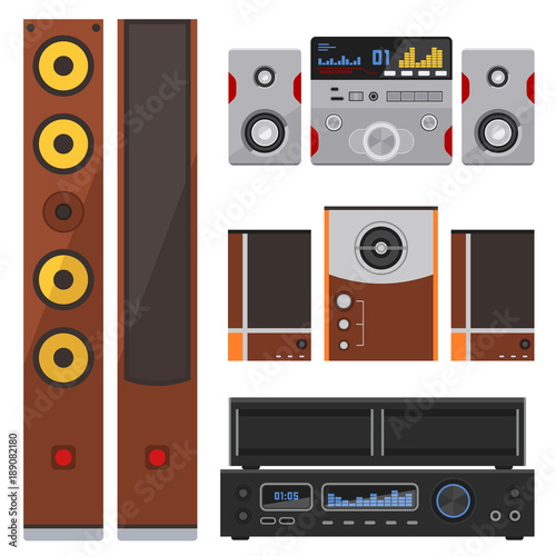 Acoustic sound system stereo flat vector music loudspeakers player subwoofer equipment technology.