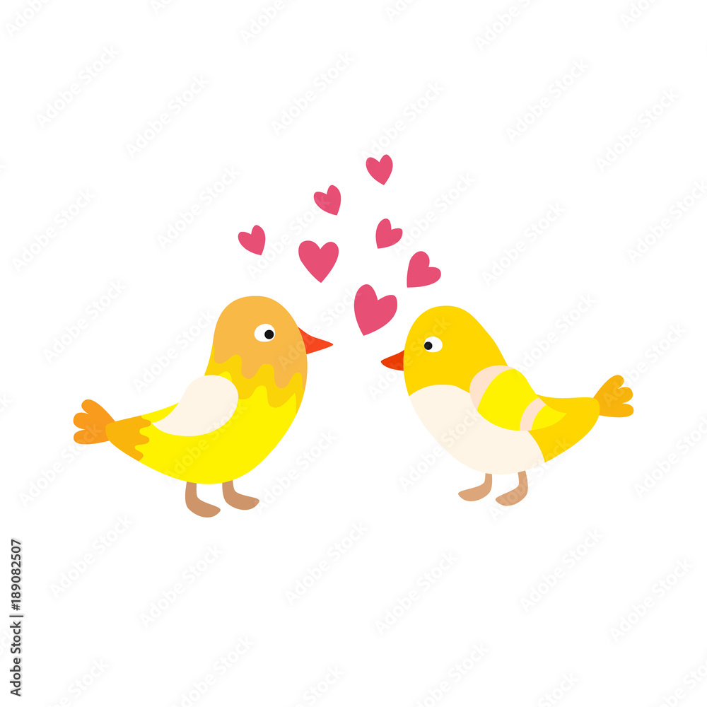 Two lovely birds couple vector fall in love fly animals kissing with hearts yellow birds illustration