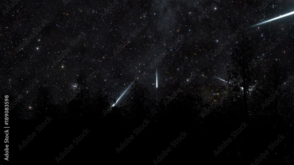 An example of a rare meteor storm, silhouetted by a forest.  Available in 4K UHD