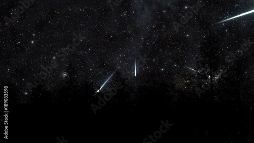An example of a rare meteor storm, silhouetted by a forest.  Available in 4K UHD