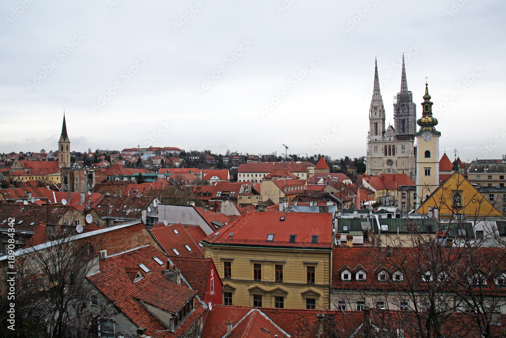 Zagreb,Croatia,Europe,cityscape with old roofs,and Cathedral,1