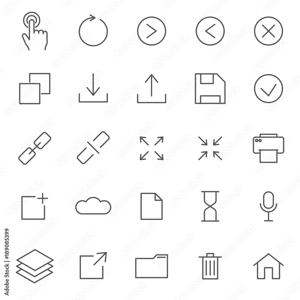 Set of Interface Related Vector Line Icons. Includes such Icons as ahead, arrow, close, save, play, link, print and etc. Set of Interface Related Vector Line Icons. Includes such Icons as ahead, arrow, close, save, play, link, print and etc.