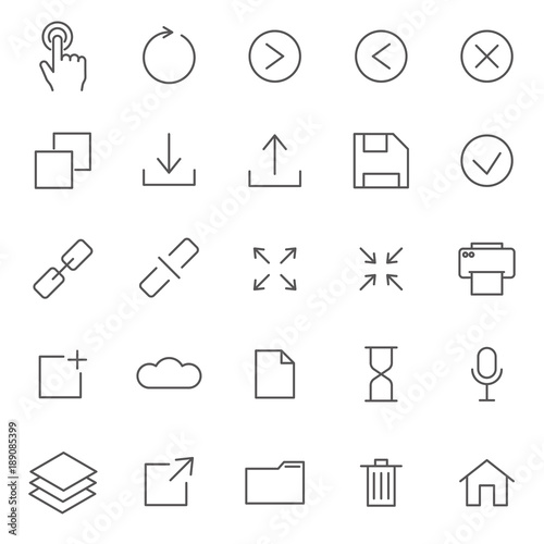 Set of Interface Related Vector Line Icons. Includes such Icons as ahead, arrow, close, save, play, link, print and etc.
