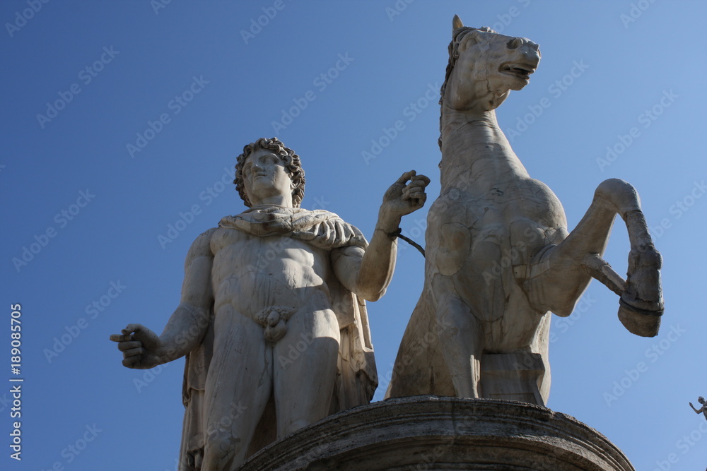 statues of the Pollux, at the top of the staircase to the Capitol Square or Piazza del Campidoglio in Rome, Italy.