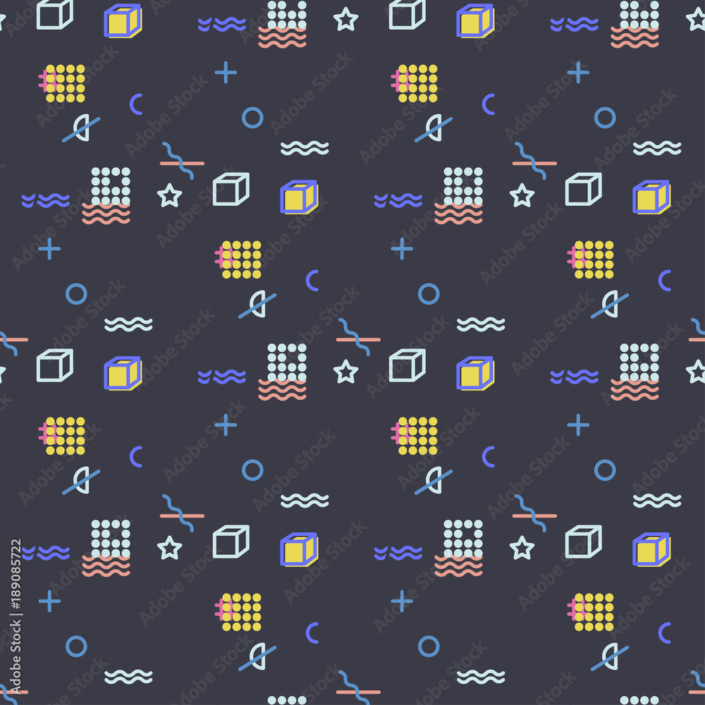 Abstract seamless vector pattern for girls, boys, clothes. Creative background with dots, geometric figures Funny wallpaper for textile and fabric. Fashion style. Colorful bright