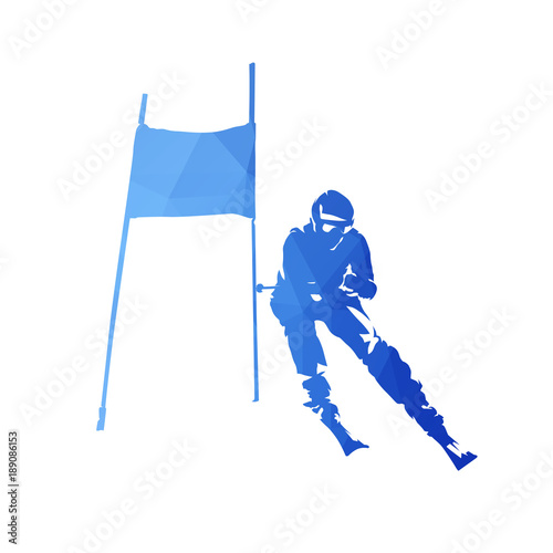Dowhill skiing, abstract blue skier, geometric vector silhouette. Winter sport