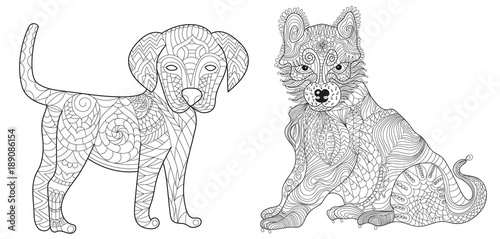 Set 2 dogs anti stress vector coloring book for adult, children. Ornament puppy, labrador, husky.  with doodle and zen tangle elements.Freehand ethnic drawing for logo template, decorative piece, page