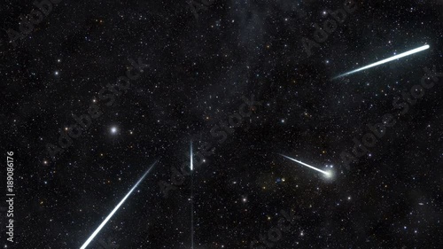 An example of a rare meteor storm, where hundreds of meteors, or shooting stars, appear per minute.  Available in 4K UHD