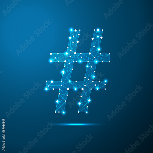 Low poly hashtag. Social media symbol in the form of a starry sky or space, consisting of points, lines, and shapes in the form of planets, stars and the universe