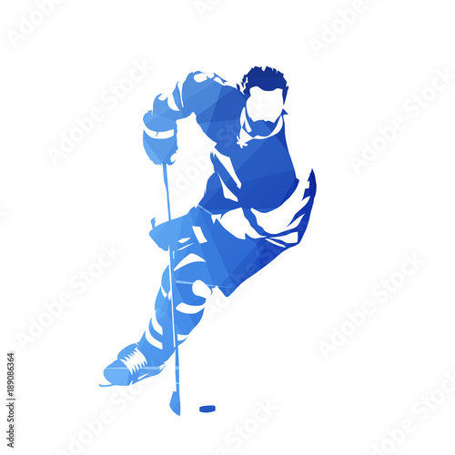 Skating ice hockey player, abstract blue geometric vector silhouette. Front view