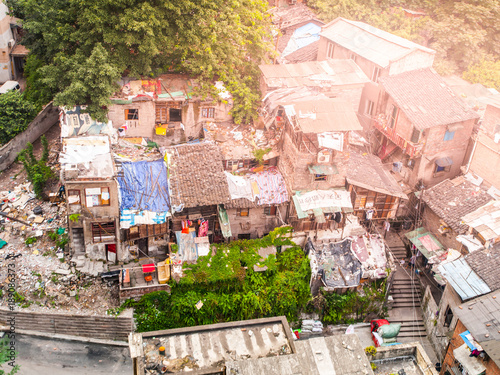 Aerial view of dirty city slum in Chongqing, China. © pyty