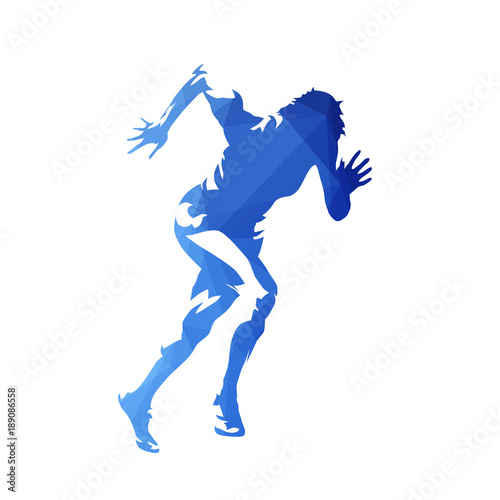 Run. Sprinting woman, abstract blue polygonal vector silhouette