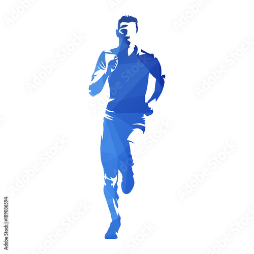 Running man, abstract blue geometric runner, vector silhouette. Runner, front view