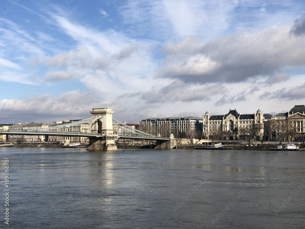 Chain Bridge in Budapest in January. Danube river