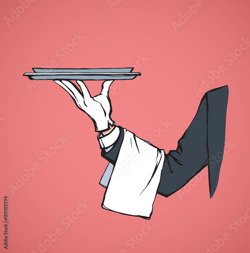 Hand of waiter with dish. Vector drawing