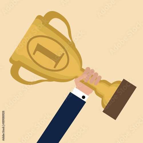 Successful businessman holding golden cup award in hand, leadership idea, first place prize victory, competition winner. Vector illustration