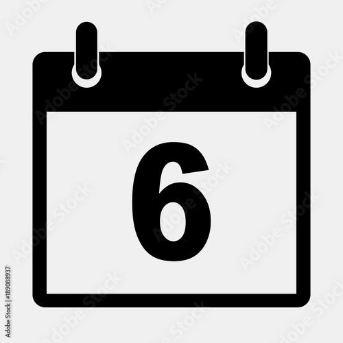 Simple black calendar icon with 6 date. Vector illustration