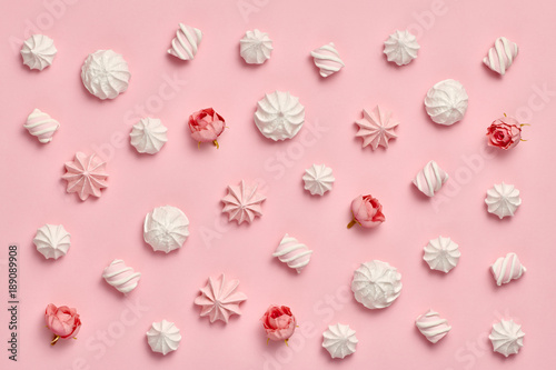 Meringue Marshmallow background. Pink Candies Sweets Flowers. Birthday Vanilla Pastel Color. Trendy fashion Style. Wedding bride set. Layout. White meringue Dessert