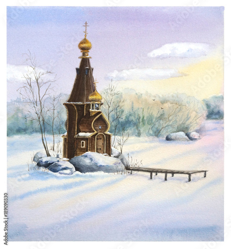 wooden Church of St. Andrew in the winter