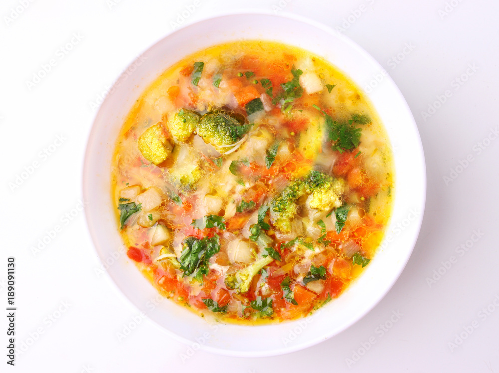 Soup on white top view. Soup on white top view.